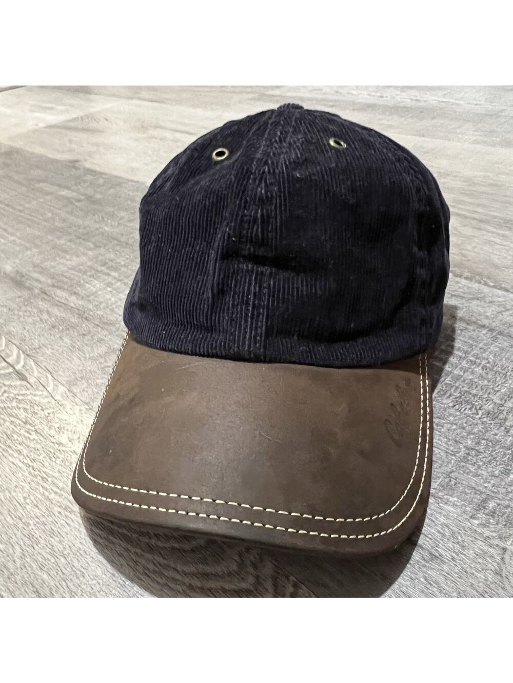 Vintage Cabelas Corduroy Leather Brim Strapback Hat Cap Outdoor Navy Blue